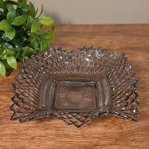 VINTAGE Smoked Grey Iridescent Textured Diamond Point Glass Decorative Dish